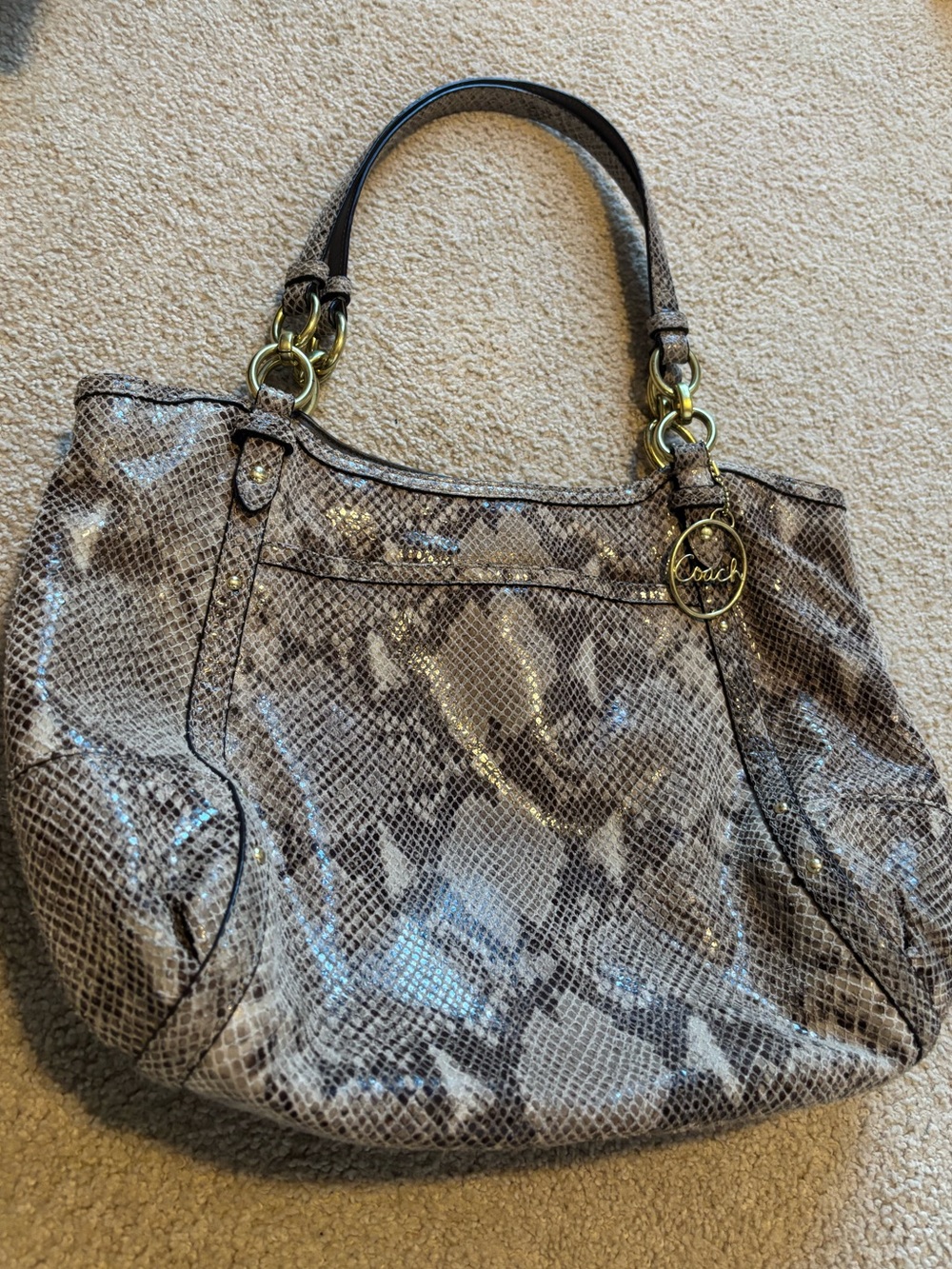 Coach Snake-Print Shoulder Tote Taupe Brown